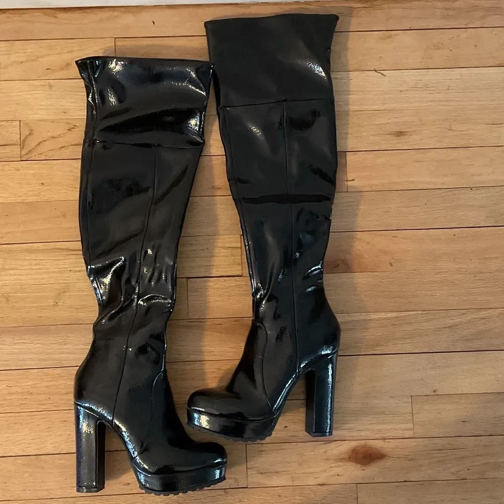 Thalia Sodi Shiny Black Over the Knee Boots